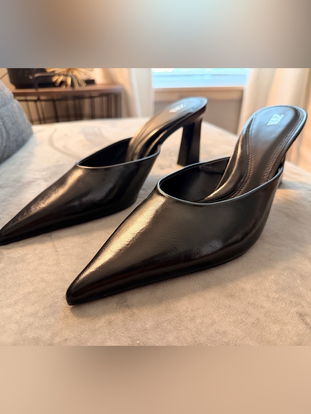 NWOT Zara Black Pointed Toe Block Heel Mules Shoes Size 40 US 9
